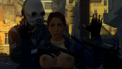 1boy armor armor_removed at_gunpoint breasts_out citizen female forced_exposure frustrated frustration giving_up gun half-life half-life_2 hands_up large_breasts rebel shy surrendering