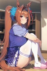 ai_generated animal_ears breasts daiwa_scarlet_(umamusume) female hips horse_girl pussy red_eyes ribbon_in_hair school_uniform_(tracen_academy) thighs tiara tracen_academy tracen_school_uniform twintails umamusume umamusume_pretty_derby