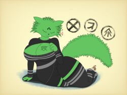 2023 big_breasts breasts closed_eyes clothed female femsaint_(tsoewoe) goth goth_girl green_body green_fur looking_at_viewer nexthargon rain_world saint_(rain_world) simple_background slugcat tail