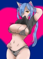 biting_clothes blue_hair bra cat_ears hand_on_head hand_on_hip indie_virtual_youtuber lifting_shirt panties pink_hair purringnsfw rosie_(vtuber) virtual_youtuber vtuber yellow_eyes