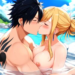 ai_generated black_hair blonde_hair breasts dreson fairy_tail gray_fullbuster lucy_heartfilia nonsexual ponytail romantic wholesome