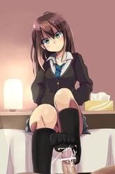 bar_censor black_socks brown_hair cardigan censored clothed_female clothed_female_nude_male comord cum cum_on_socks cumshot earrings ejaculation feet female footjob footjob_with_legwear green_eyes hands_in_pockets idolmaster idolmaster_cinderella_girls lamp long_hair looking_at_partner looking_down male necklace necktie no_shoes pleated_skirt school_uniform schoolgirl sheets shibuya_rin sitting skirt small_penis sockjob socks tissue_box veiny_penis