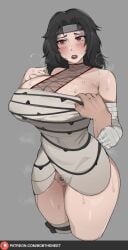 alternate_breast_size black_hair blush bob_(bobtheneet) bobtheneet breasts censored female highres kurenai_yuhi large_breasts lips lipstick makeup naruto naruto_(series) naruto_shippuuden red_eyes red_lips simple_background thick_thighs thighs yuuhi_kurenai