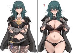 1girls 2koma ? armlet armor black_bra black_cape black_panties blue_eyes blue_hair bodice bra breasts bustier byleth_(female)_(fire_emblem) byleth_(fire_emblem) byleth_(fire_emblem)_(female) cape cleavage closed_mouth clothing_cutout commentary crossed_arms dagger dark_blue_hair female fire_emblem fire_emblem:_three_houses flashing gauntlets green_eyes hair_between_eyes heart highres knife large_breasts leggings lifted_by_self light-skinned_female light_skin long_hair looking_at_viewer navel navel_cutout nintendo panties pantyhose pantyhose_under_shorts patterned_legwear presenting_breasts purple_eyes rakeemspoon shirt_lift shorts shoulder_armor simple_background smile split_screen standing tassel turtleneck underwear vambraces weapon white_background