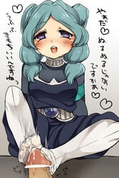 after_training beta_(inazuma_eleven) cum feet foot_fetish footjob green_hair hoshihuri inazuma_eleven inazuma_eleven_(series) inazuma_eleven_go inazuma_eleven_go_chrono_stone long_hair penis protocol_omega purple_eyes smile sweaty_feet sweaty_socks