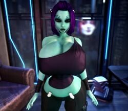 1girls 3d animated apartment bare_shoulders big_breasts black_choker blue-skinned_female blue_skin breasts_bigger_than_head bulging_breasts busty choker cleavage clothed clothing couch curvy dark_hair female front_view green-skinned_female green_skin heterochromia hips hourglass_figure huge_breasts indoors large_breasts leather_couch long_ears lowleg lowleg_pants massive_breasts medium_hair midriff purple_hair rain raining skinny skinny_girl slender_waist sofa solo soria standing teal_skin tiny_waist vaako video waist wasp_waist wide_hips window