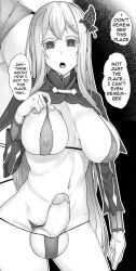 1futa areolae balls big_balls big_breasts big_penis bra breasts clothed clothing dialogue echidna_(re:zero) edit english_text erection futa_only futanari human large_breasts light-skinned_futanari light_skin mmm monochrome mostly_nude nipples panties penis penis_out re:zero_kara_hajimeru_isekai_seikatsu smooth_balls smooth_penis solo standing string_panties testicles text