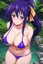 ai_generated akeno_himejima arisato_yu big_breast big_breasts bikini hair_ribbon high_school_dxd huge_breast huge_breasts large_breast large_breasts purple_bikini purple_eyes purple_hair purple_hair_female purple_swimsuit purple_swimwear swimsuit swimwear