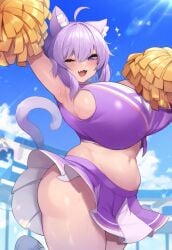 1girls ai_generated armpit armpits breasts cat_ears cat_tail catgirl cheering cheerleader cheerleader_uniform hololive huge_breasts jumping large_breasts midriff nai_diffusion navel nekomata_okayu oerba_yun_fang one_eye_closed pom_poms purple_eyes purple_hair short_hair skirt smile solo stable_diffusion thick_thighs thighs virtual_youtuber