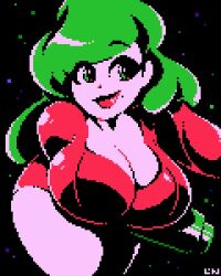 1girls big_breasts curvy green_hair justin_bailey large_breasts legendofnerd looking_at_viewer metroid pixel_art samus_aran solo