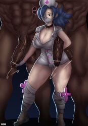 1girls big_breasts big_penis blue_hair breasts brown_eyes censored cleavage cum curvy dark-skinned_male dark_skin english_text eyepatch female handjob hary96 highres huge_cock interracial large_breasts long_hair penis skullgirls standing testicles thick_thighs thighs valentine_(skullgirls) veins veiny_penis