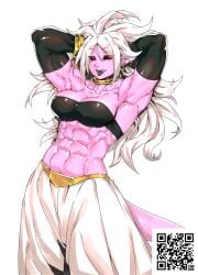 1girls abs android_21 android_21_(evil) athletic_female belly_button big_breasts black_sclera dragon_ball dragon_ball_fighterz dragon_ball_z elf_ears fit_female long_hair looking_at_viewer majin_android_21 minew muscular_arms muscular_female navel pink_body pink_skin pointy_ears red_eyes seductive seductive_look six_pack spiked_hair spiky_hair tail white_hair