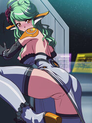 ass blush breasts chelsea_(phantasy_star_universe) female gloves green_hair highres large_breasts nipples phantasy_star_universe pudding_delices pussy sideboob solo thighhighs thighs