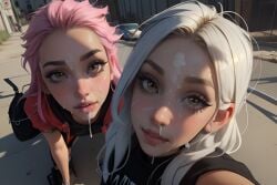 2girls after_oral ai_generated brown_eyes camera camera_pov camera_view cum cum_in_mouth cum_on_face cute eye_contact facial female holding_phone looking_at_viewer oral original original_character petite pink_hair public public_indecency selfie skinny slim taliredmint teenager white_hair