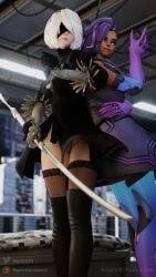 2girls 3d blindfold breasts clothing dark-skinned_female female female_only haptick light-skinned_female light_skin nier nier:_automata overwatch overwatch_2 purple_hair short_hair sombra white_hair yorha_2b