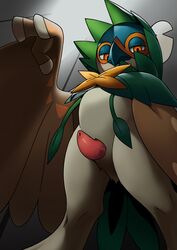 1boy 2018 animal_genitalia animal_penis avian beak bird decidueye erection feathers from_below grey_background half-closed_eyes looking_at_viewer low-angle_view male male_only nintendo nude orange_eyes pokémon_(species) pokemon pokemon_sm pose reezythegarchomp solo standing tail_feathers urethra video_games wings