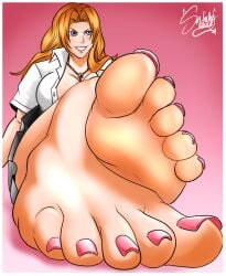 1female 2d bangs barefoot big_breasts blank_background bleach blue_eyes feet feet_focus female foot_fetish foot_focus fully_clothed long_toenails matsumoto_rangiku mischievous_smile no_penetration no_sex not_3d opened_shirt orange_hair pink_toenails presenting_feet red_hair shirt sinfully-soles skirt soles solo solo_female tagme toenail_polish toenails toes view_between_legs