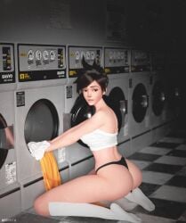 1girls 2023 3d big_breasts big_butt brown_hair bubble_butt cat_eyeliner cleaning clothed clothed_female ear_piercing female female_only hourglass_figure knee_high_socks kneeling kneeling_on_ground laundromat laundry looking_at_viewer looking_back_at_viewer mogunsfw overwatch overwatch_2 shapely short_hair skinny skinny_female socks solo spiked_hair strapless_top thong thong_panties tracer