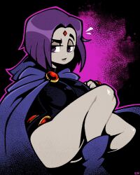 1girls cape curvy dc dc_comics legendofnerd leotard raven_(dc) sitting solo teen_titans thick_thighs thighs wide_hips