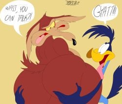 anthro avian big_ass big_butt blastprocessing16 brown_fur bubble_ass bubble_butt canine coyote funny_face hi_res looney_tunes mammal meme pleasure_face road_runner_(looney_tunes) roadrunner tail text text_bubble tongue_out touching_ass warner_brothers wile_e._coyote yellow_beak