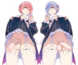 2futas 40hara angry balls big_breasts big_penis blue_hair bottomless breasts clothed clothing double_upskirt dress_lift duo edit flaccid futa_only futanari human light-skinned_futanari light_skin looking_at_viewer looking_down low-angle_view maid_outfit maid_uniform mostly_clothed no_panties no_panties_under_skirt partially_retracted_foreskin penis presenting_penis ram_(re:zero) re:zero_kara_hajimeru_isekai_seikatsu red_hair rem_(re:zero) short_hair smooth_balls smooth_penis standing stockings taker_pov thick_thighs uncut unretracted_foreskin upskirt