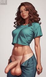 1girls ai_generated aqua_shirt blue_pants blue_shirt breasts brown_eyes brown_hair clothes_pull cowboy_shot crop_top cropped_shirt denim dioxide erection foreskin futanari green_shirt grey_background jeans large_penis lips long_hair looking_at_viewer medium_breasts midriff navel nose open_fly open_pants pants pants_pull parted_lips penis shirt short_sleeves simple_background smile solo solo_futa standing stomach tan-skinned_futanari tan_skin tanlines testicles uncensored uncircumcised veins veiny_penis wavy_hair white_background