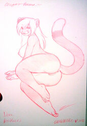 anthro anus breasts cougar feline female fur furry looking_at_viewer monochrome nude onnanoko pinup pussy sketch solo