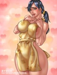 apron black_hair bleach blush breasts ikumi_unagiya kuroyagi_studio large_breasts milf naked_apron nipples unagiya_ikumi yellow_eyes