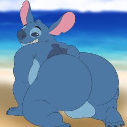 all_fours anthro ass balls beach big_balls big_butt black_sclera blue_body blue_fur blue_nose camp14 disney fur genitals grin hi_res lilo_and_stitch looking_back male male_only nails overweight overweight_male pinup pose presenting rear_view seaside short_tail smile solo stitch_(lilo_and_stitch) tail