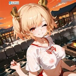 ai_generated blonde_hair burnice_white crop_top female hot_spring hoyoverse minokai nipples red_eyes see-through short_hair smiling sunset twintails zenless_zone_zero