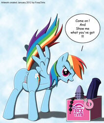 2012 anus ass cutie_mark dildo english_text equine female foxychris friendship_is_magic hair horse inviting long_hair looking_at_viewer looking_back masturbation multicolored_hair my_little_pony pegasus pony presenting purple_eyes pussy rainbow_dash_(mlp) rainbow_hair seductive sex sex_toy smile solo straight_hair text tongue wing_boner wings