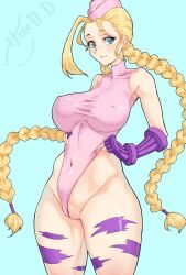 1girls 47_hard bare_arms bare_legs bare_shoulders bare_thighs big_breasts blonde_hair blue_eyes blush cammy_white clothed clothing color female female_focus female_only gloves hi_res large_breasts leotard light-skinned_female light_skin long_hair pussy_peek solo solo_female street_fighter tagme tattoo thick_thighs