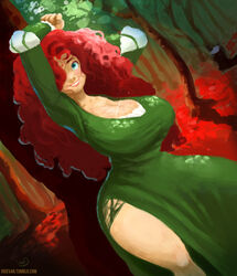 1girls aged_up alternate_body_type alternate_breast_size arms_above_head ass ass_visible_through_thighs background big_breasts blue_eyes brave breasts cleavage cooleyette curly_hair disney disney_princess fantasy female female_only female_protagonist freckles green_dress happy high_resolution huge_ass huge_breasts large_ass long_hair low_cut_top merida milf older_female pixar red_hair redhead ridevan sidney_anders smile solo solo_female straight_hair thick_thighs thighs vaaan van_(artist) vannn