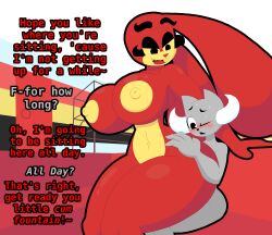 ambiguous_penetration axel_(rexon02) dott_(rexon02) english_text female_on_top grey_body grey_fur huge_ass huge_breasts implied_sex rabbit_ears red_body red_fur rexon02 smaller_male tagme thick_thighs