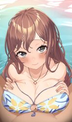 1boy 1girls absurdres bang_dream! bare_shoulders bikini blurry blurry_background blush breasts breasts_squeezed_together brown_hair cleavage closed_mouth clothed_female_nude_male clothed_sex collarbone commentary_request commission day depth_of_field earrings female fingernails floral_print grey_eyes hair_between_eyes hands_up highres imai_lisa implied_paizuri jewelry large_breasts light-skinned_female light-skinned_male light_skin long_hair looking_at_viewer male male_pov necklace nude official_alternate_costume outdoors pendant pov print_bikini r-man sidelocks skeb_commission smile solo_focus straight strap_slip swimsuit upper_body water wavy_hair wet white_bikini