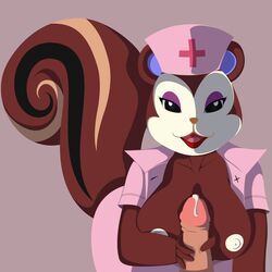 2018 animal_crossing anthro areola big_breasts breasts clothed clothing cum duo erection female handjob huge_breasts humanoid_penis infamousrel looking_at_viewer male mammal nintendo nipples nurse nurse_uniform open_mouth pecan_(animal_crossing) penis pokeandpenetrate rodent sex simple_background solo_focus squirrel straight uniform video_games