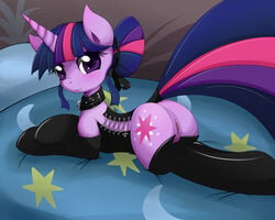 2012 ass bed blush clothes collar cutie_mark elbow_gloves equine female feral friendship_is_magic gloves hair horn horse kohtek leather long_hair looking_at_viewer moon multicolored_hair my_little_pony pony presenting purple_eyes purple_hair pussy smile smitty_g solo star stockings twilight_sparkle_(mlp) unicorn