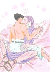 bed black_hair color gay gay_kissing hands_on_ass hunter_x_hunter kissing knuckle_bine male no_visible_genitalia pompadour purple_hair shaking shoot_mcmahon yaoi