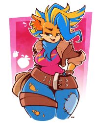 alternate_hairstyle anthro blonde_hair breasts crash_(series) curvy fox_ears fox_girl green_eyes hips_wider_than_shoulders legendofnerd long_hair plump sitting tawna_bandicoot tawna_bandicoot_(crash_4) thick_thighs thighs thighs_bigger_than_head wide_hips