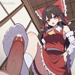 1boy 1boy1girl 1girls ai_generated cum cumming foot_fetish footjob footwear hairbow nsfwworks.ia reimu_hakurei sockjob socks touhou trample