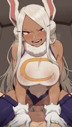 1boy animal_ears blush boku_no_hero_academia breasts censored clothing_aside commentary_request covered_nipples cowgirl_position dark-skinned_female dark_skin female gloves highleg highleg_leotard highres large_breasts leotard leotard_aside long_eyelashes long_hair looking_at_viewer mirko miruko mosaic_censoring muscular muscular_female my_hero_academia nipples nt00 parted_bangs partial_male penis pussy rabbit_ears rabbit_girl red_eyes rumi_usagiyama sex sleeveless_turtleneck_leotard straddling straight thick_thighs thighs toned vaginal_penetration white_gloves white_hair white_leotard