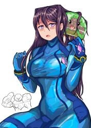 alternate_costume bluekapo breasts cosplay crossover doki_doki_literature_club female female_only metroid nintendo open_mouth purple_hair samus_aran_(cosplay) solo yuri_(doki_doki_literature_club) zero_suit zero_suit_samus_(cosplay)