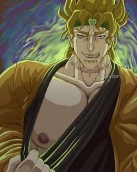 1boy bilberrybear blonde_hair bust_portrait dio_brando earrings evil_grin evil_smile headband jojo's_bizarre_adventure licking_lips male male_focus male_only muscular_male one_breast_out one_nipple_out self_upload softcore solo solo_focus solo_male stardust_crusaders suggestive vampire