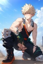 belt_unbuckled chest cock_out erect_penis erection gay hard_on hatopo005 hero_outfit_(mha) katsuki_bakugou kneeling looking_at_viewer male_only my_hero_academia nipple_peek nipples pants_around_thighs pants_down pecs penis penis_out penis_out_of_pants pubic_hair public public_exposure public_nudity ripped_clothing ripped_pants ripped_shirt