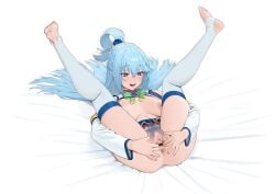 1girls anus aqua_(konosuba) ass bed blue_eyes blue_hair blue_pubic_hair blush bow breasts carlo_montie clitoris colored_pubic_hair commission detached_sleeves female female_pubic_hair folded hair_between_eyes hair_ornament hair_rings highres kono_subarashii_sekai_ni_shukufuku_wo! large_breasts laying_on_back laying_on_bed long_hair nipples ohisashiburi_(style) open_mouth pubic_hair pussy shirt skirt solo spread_pussy thighs toeless_legwear uncensored urethra very_long_hair