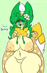 anthro beak big_breasts blush breasts brown_body decidueye fauna_(lewdchuu) feathers female generation_7_pokemon genitals green_eyes green_hair hair hi_res lewdchuu_(artist) navel nintendo pokemon pokemon_(species) pussy solo tail thick_thighs