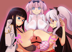 black_hair blue_eyes blush bra breasts double_paizuri eye_patch futanari gigantic_breasts gloves hair_ornament hibari_(senran_kagura) huge_breasts huge_nipples intersex jaga_usa long_hair long_nipples multiple_girls nipples paizuri penis pink_hair purple_eyes ribbon senran_kagura short_hair smile symbol-shaped_pupils underwear yagyuu_(senran_kagura)