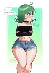 1girls alternate_costume blush caffeee casual casual_clothes choker denim_shorts dialogue english_text female female_only green_eyes green_hair monologue navel nervous one-punch_man pinup short_shorts shorts simple_background solo tatsumaki text thick_thighs thin_waist