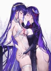 2girls blush boob_window chinese_clothes chinese_dress cleavage cleavage_cutout earrings embarrassed female female_focus female_only genshin_impact gloves hair_ornament lesbian lesbians light-skinned_female light_skin long_gloves long_hair looking_at_partner medium_breasts multiple_girls purple_eyes purple_hair qiandaiyiyu qipao raiden_shogun raiden_shogun_(magatsu_mitake_narukami_no_mikoto) selfcest semi-transparent slim slim_waist smile smiling smiling_at_partner tagme thighhighs yuri