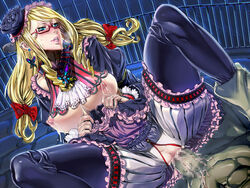 blonde_hair blue_eyes blush breastless_clothes breasts censored clothes crotchless_clothes cum cum_inside glasses hair lactation lips lolita_fashion long_hair sweat zunta